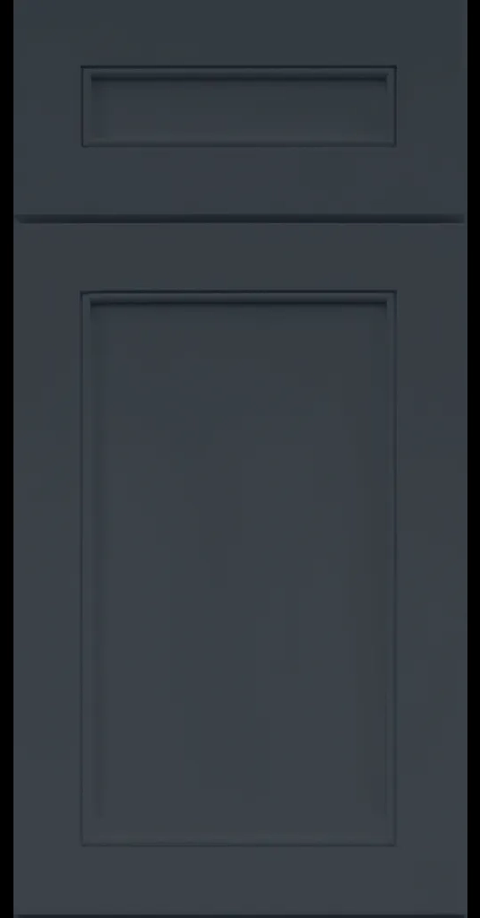 Alpine-style mitered shaker cabinet in Naval with a flat center panel and inside bead detail.